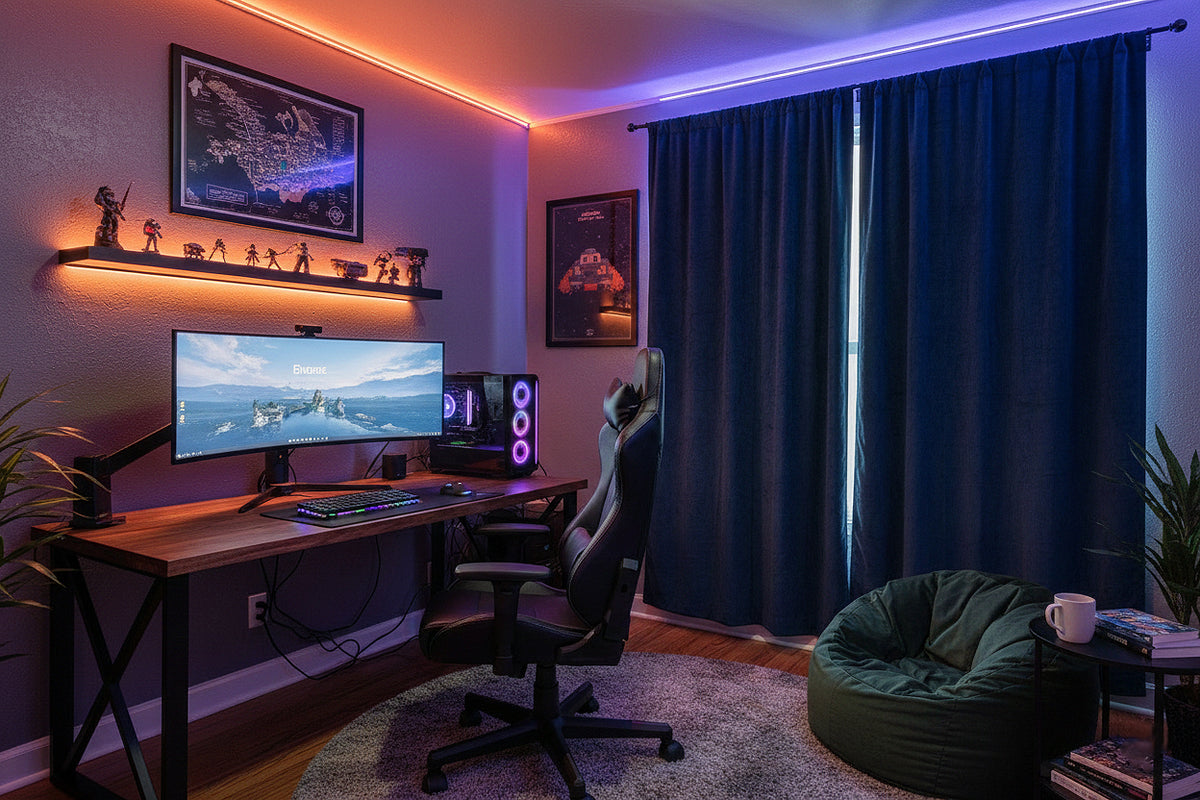 Gaming room with specialized light control curtains showing perfect screen visibility