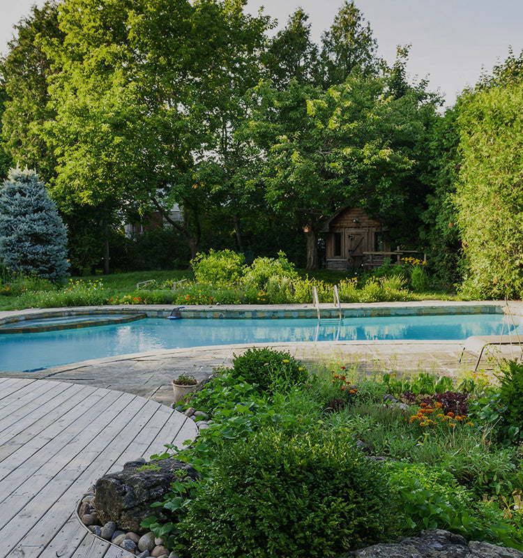 Lush outdoor pool area with wooden deck, ideal setting for James Acrylic Outdoor Curtains to enhance privacy & shade.