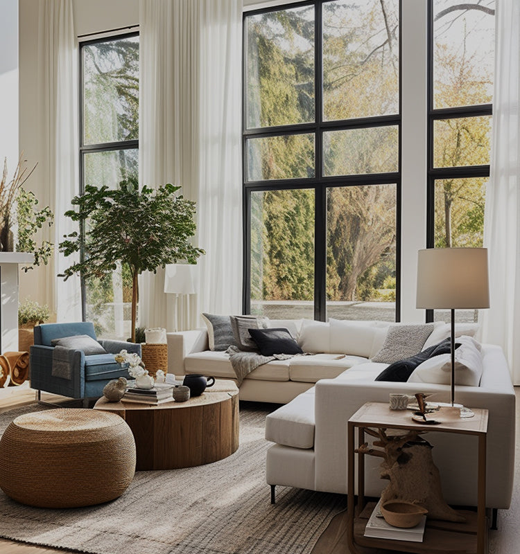 Kate Rayon Blend sheer white curtains in a modern living room with large windows, natural & healthy fabric.