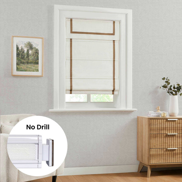 Lesley Linen No Drill Roman Shades - Ivory with Valance and Trim