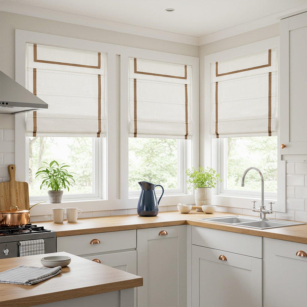No-drill roman shades perfectly fitted on uneven rental windows