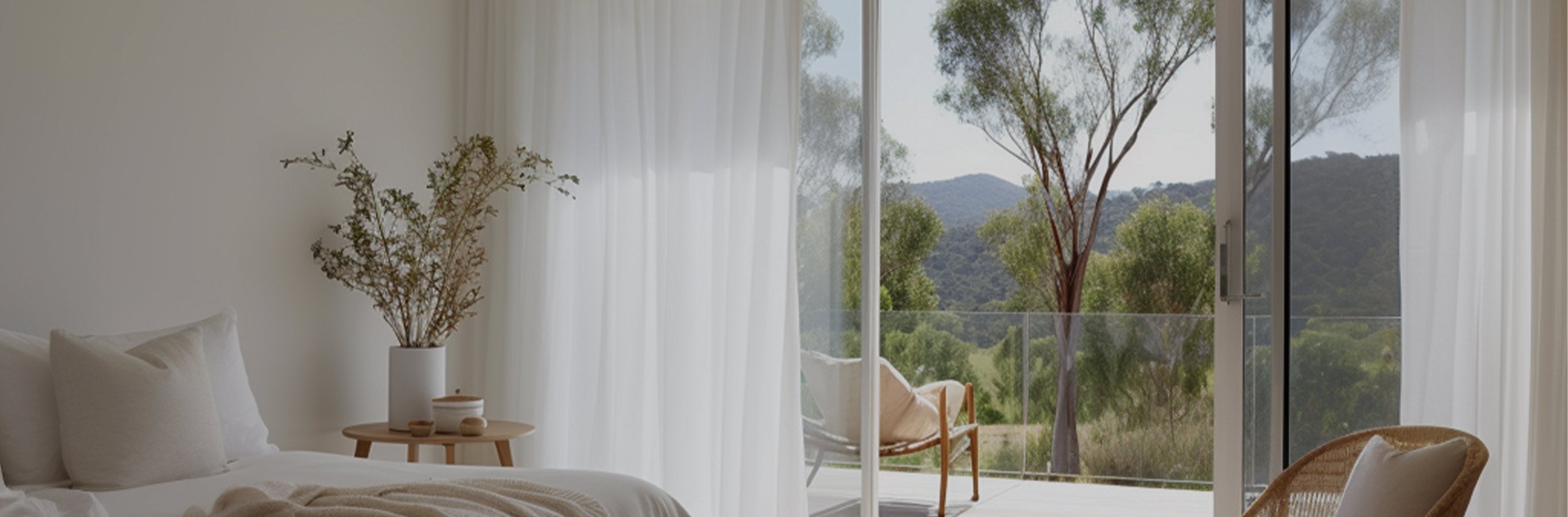 Bedroom scene featuring Margaret Sheer Curtains, creating a bright and airy ambiance with gentle light diffusion.