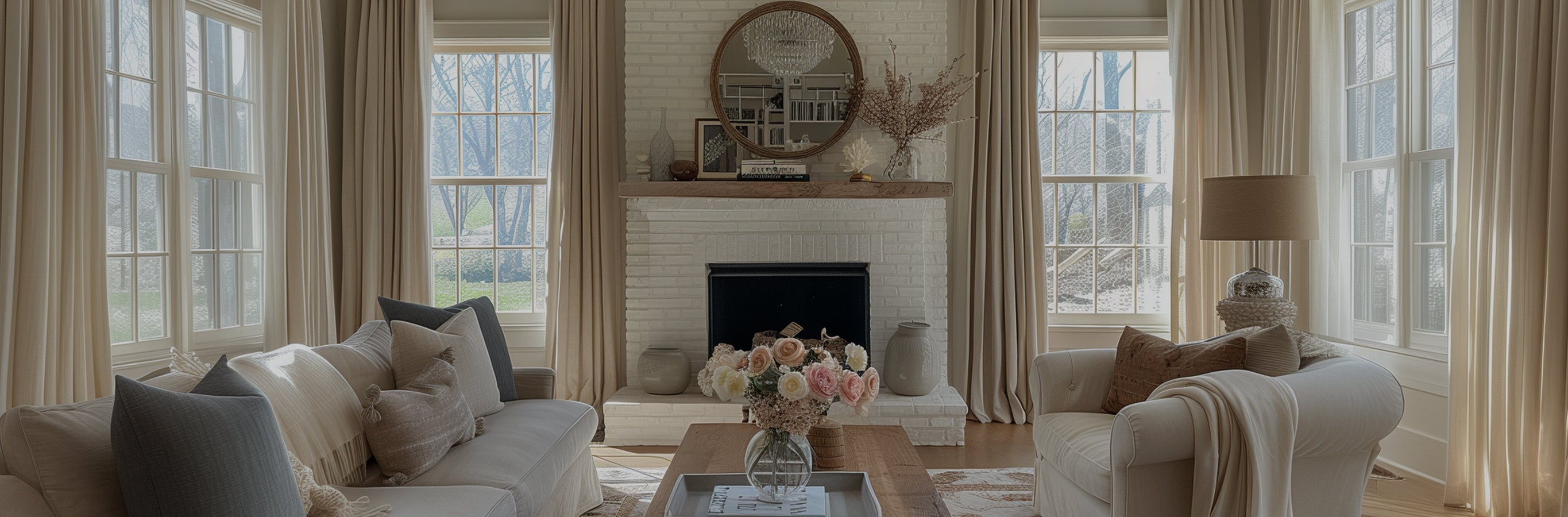 A cozy living room adorned with Martin Delicate Linen Cross-texture curtains in a warm beige, flanking multiple windows. These polyester drapes provide 65-90% light blocking and enhance the room's serene ambiance.