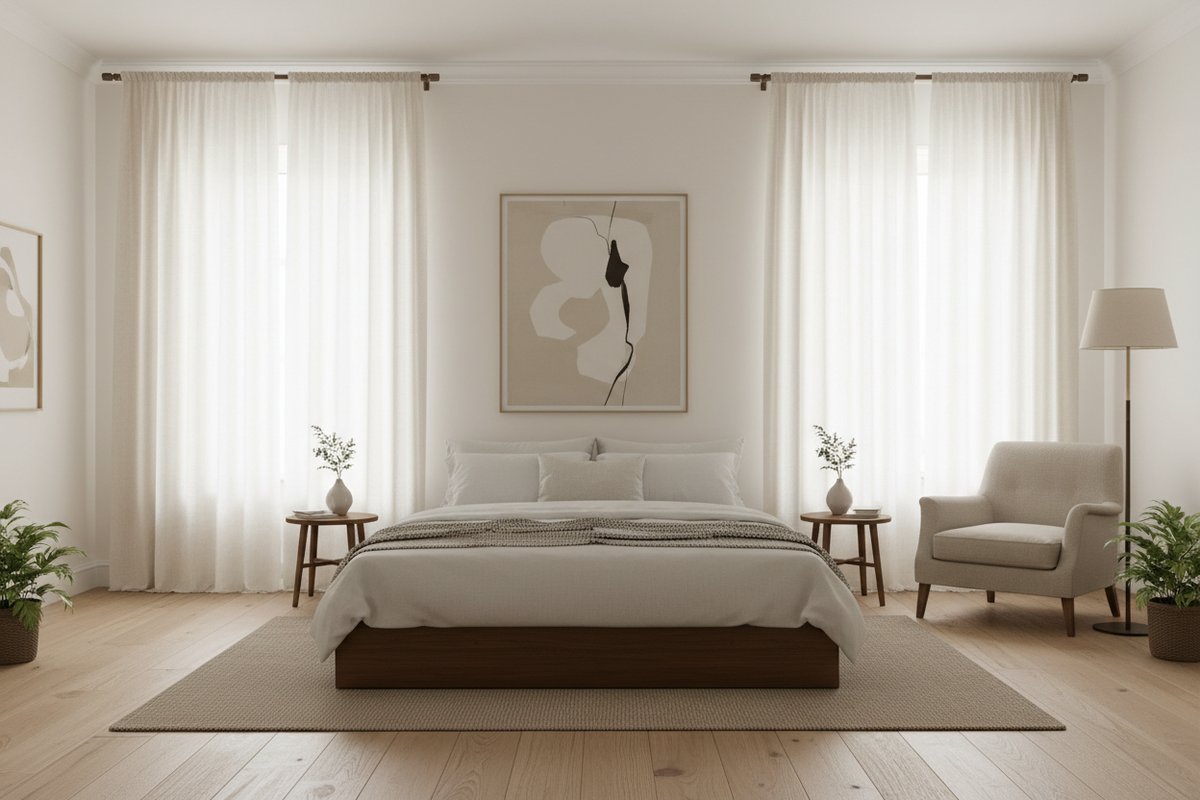 Minimalist bedroom with serene linen blend curtains creating peaceful sleep environment