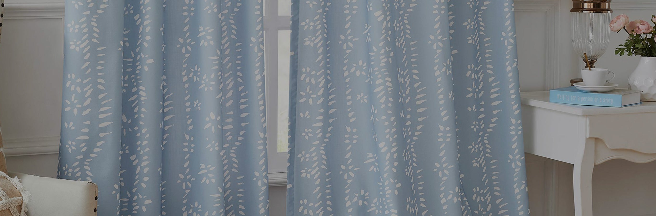 Pat Blue custom polyester curtains with an irregular dot pattern, showcasing high temperature molding and 50% light blocking for privacy.