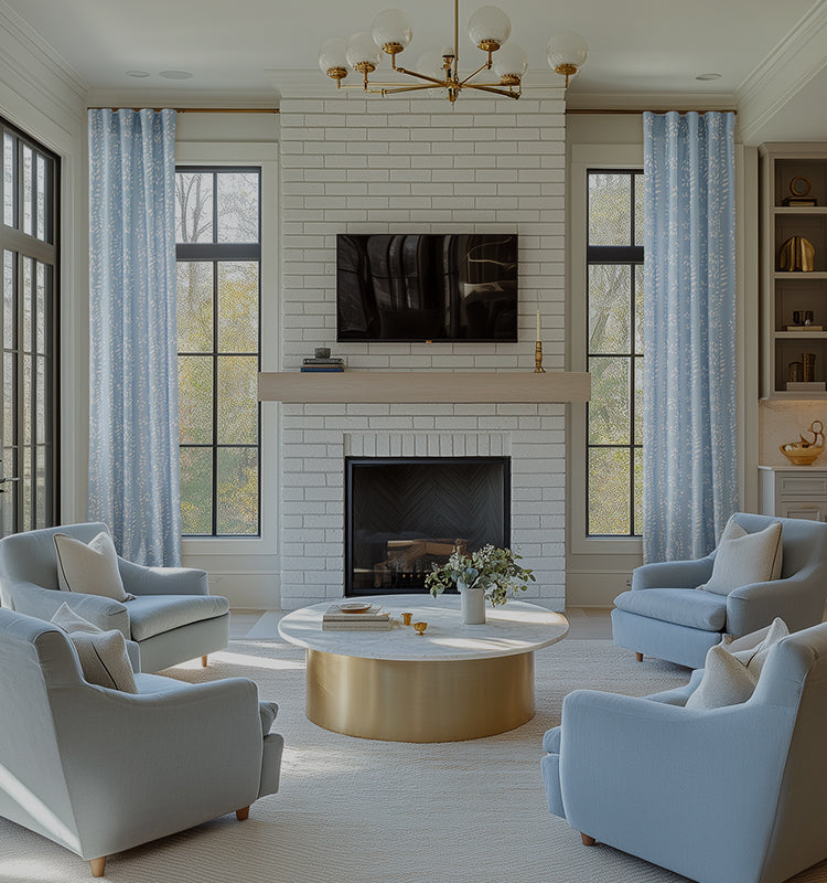 Bright living room with Pat Blue irregular dot polyester curtains providing 50% light blocking, enhancing the custom window treatment design.