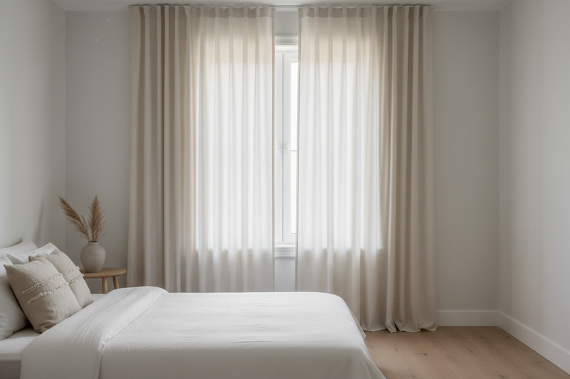 Minimalist bedroom with perfectly installed linen blend curtains showing elegant draping and soft light filtering