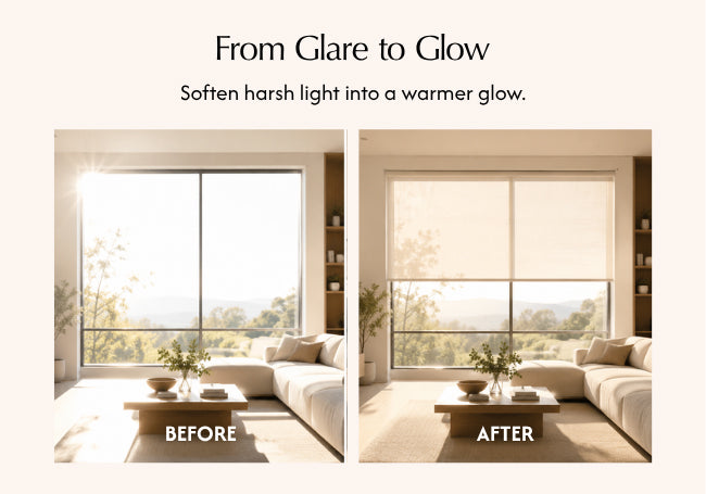 Light-filtering roller shade on a living room window — TV visible without glare during daytime sports viewing