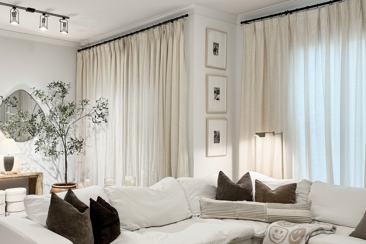 Natural linen blend curtains that are safe and non-toxic for pet-friendly homes