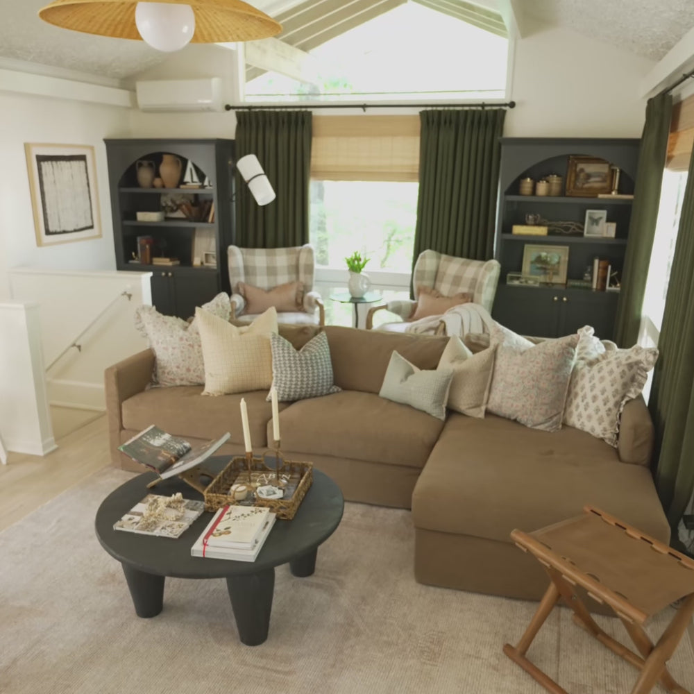Rustic Wheat,Woman adjusting Curtarra motorized bamboo shades, light filtering window coverings.
