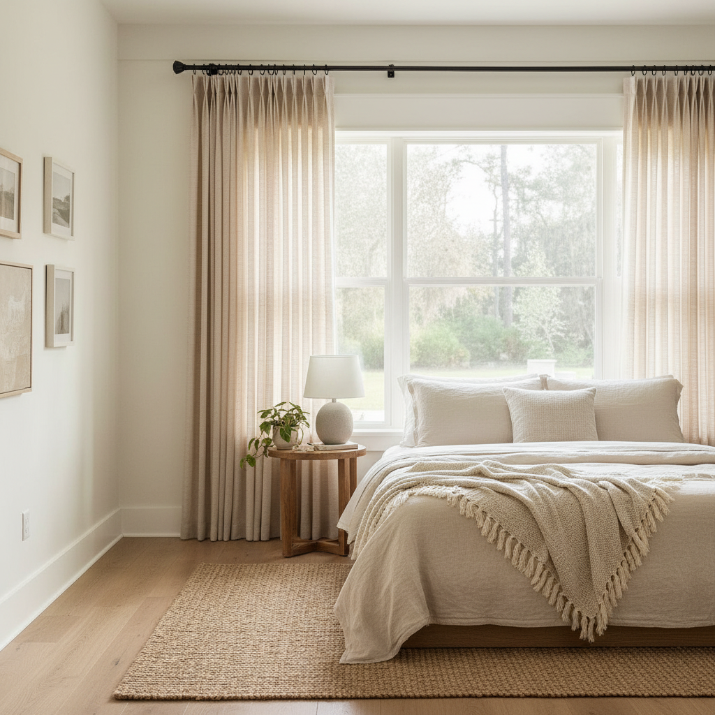 Wabi-style room darkening cream curtains in a modern bedroom with organic textures and filtered light