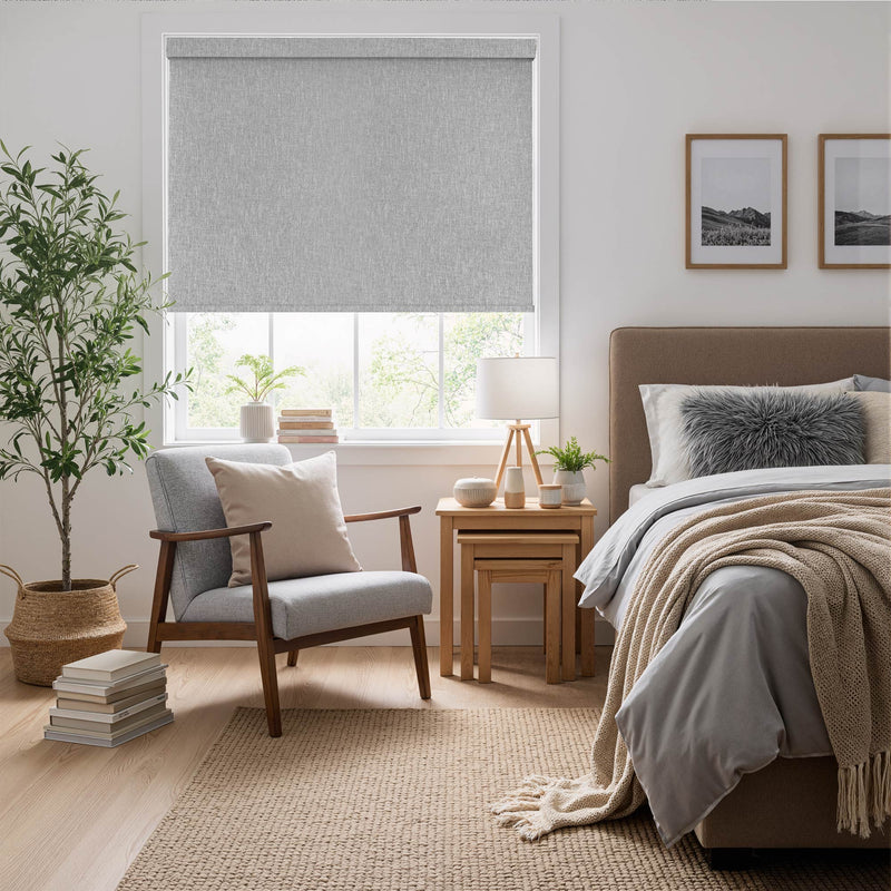 100% Blackout Roller Shades in a Modern Master Bedroom — Zero Light Penetration