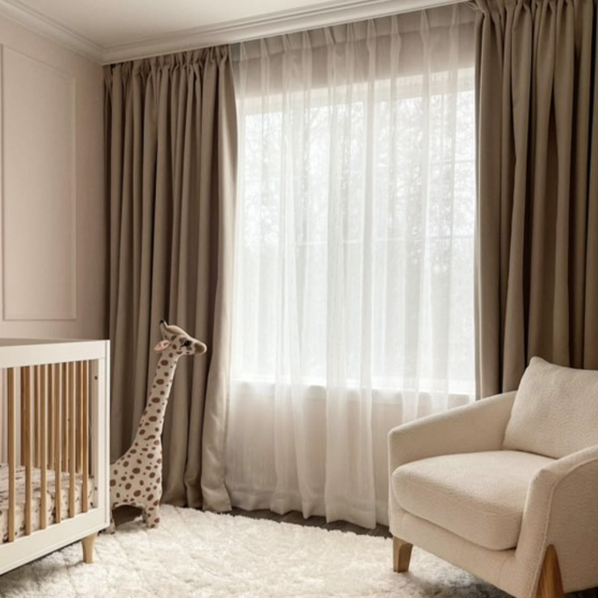 Elegant double-layer curtain setup with Sabrina sheer and Gary blackout curtains