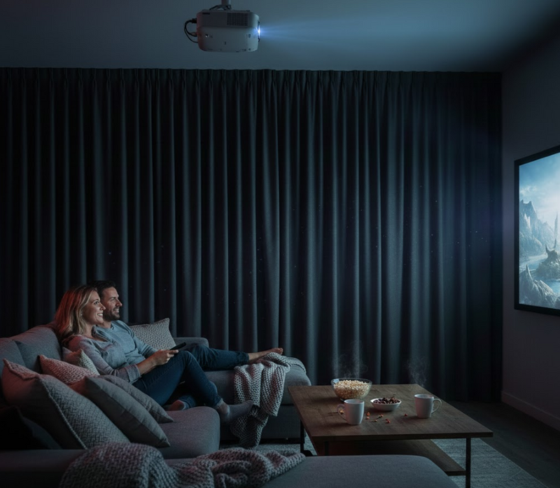 Comparison of screen contrast with standard vs Curtarra blackout curtains