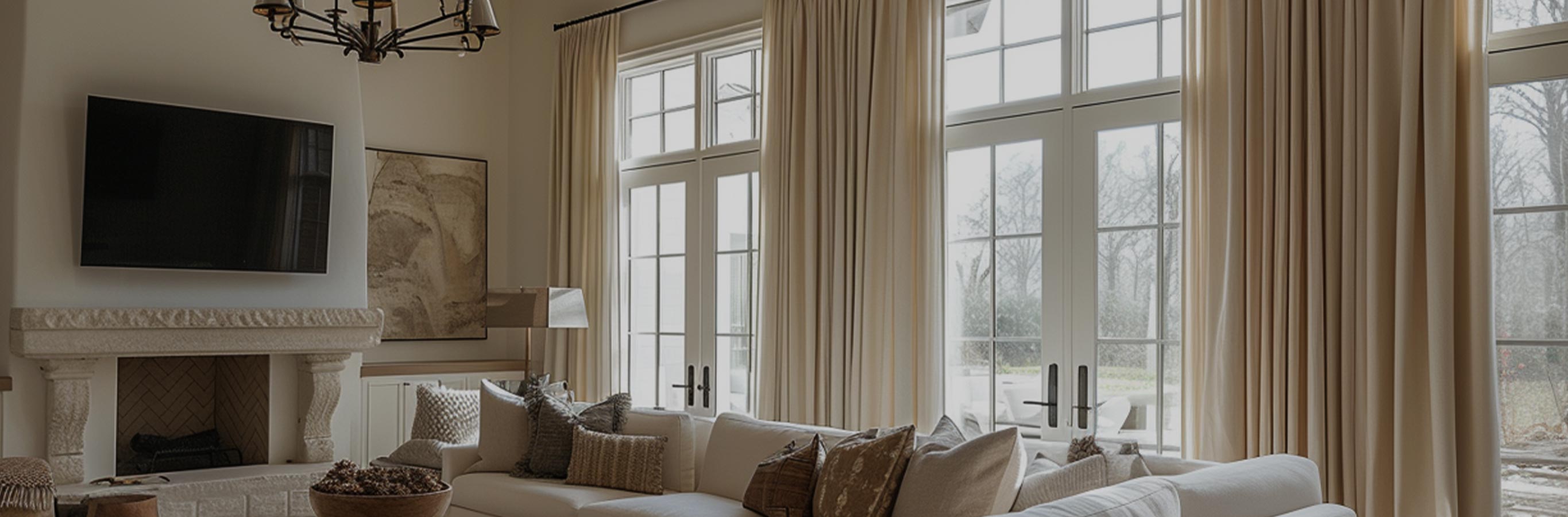 A serene living space featuring custom Verona Velvety Texture Heavy Weight Curtains, enhancing ambiance with their luxurious texture and thermal properties