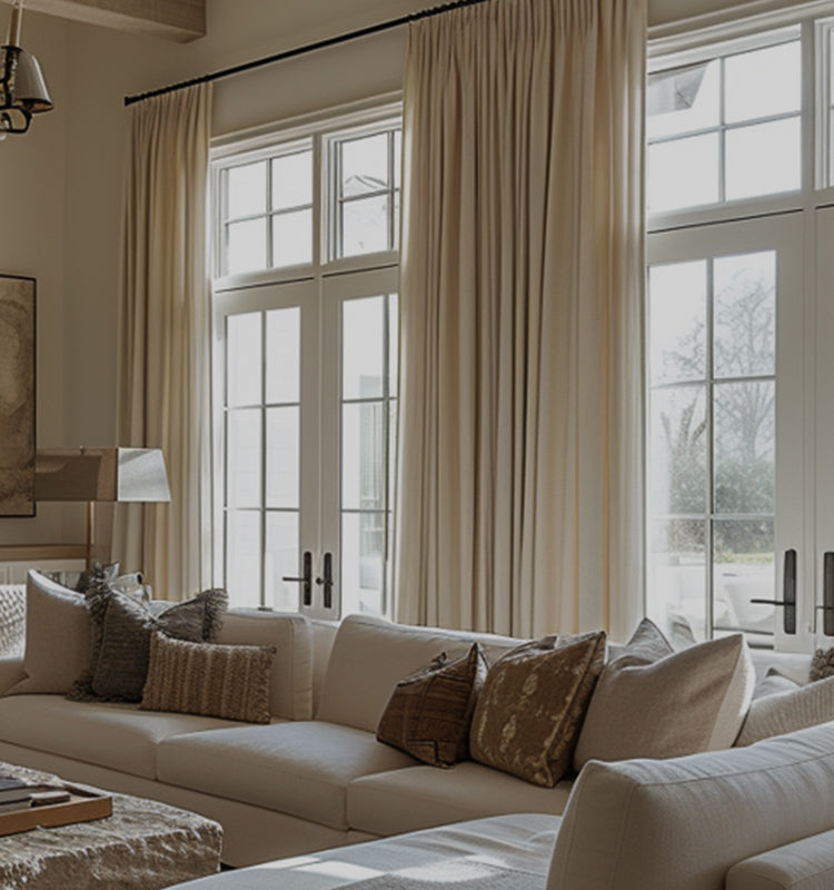 Verona Velvety Texture Heavy Weight Curtains gracefully adorning large living room windows, showcasing elegant drape and 70-80% light blocking.