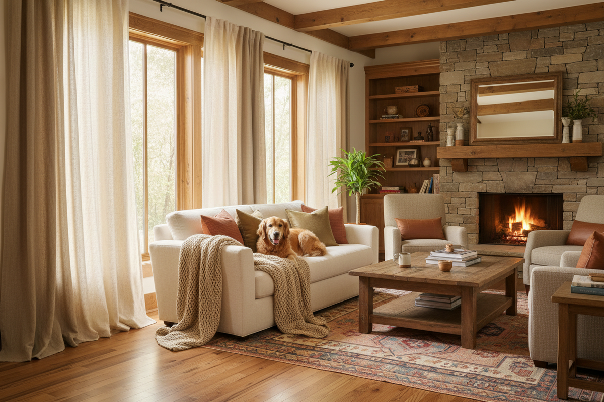 Pet-friendly custom curtains in a stylish home setting